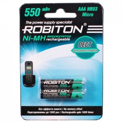 Ni-Mh аккумуляторы ROBITON DECT 550MHAAA-2 BL-2 13903, 1.2В, 550мАч, размер ААА (HR03), металлогидридные, для радиотелефона, 2шт  