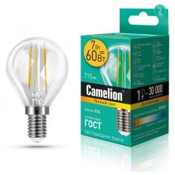 Лампа CAMELION Е14 7Вт 3000K 715Лм LED7-G45-FL/830/E14 13456, светодиодная, филаментная, теплый белый, шар 