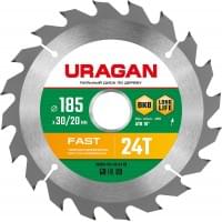URAGAN Fast 185x30/20мм 24Т, диск пильный по дереву, 36800-185-30-24
