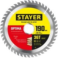 STAYER OPTIMA 190 x 20/16мм 36Т, диск пильный по дереву, оптимальный рез, 3681-190-20-36